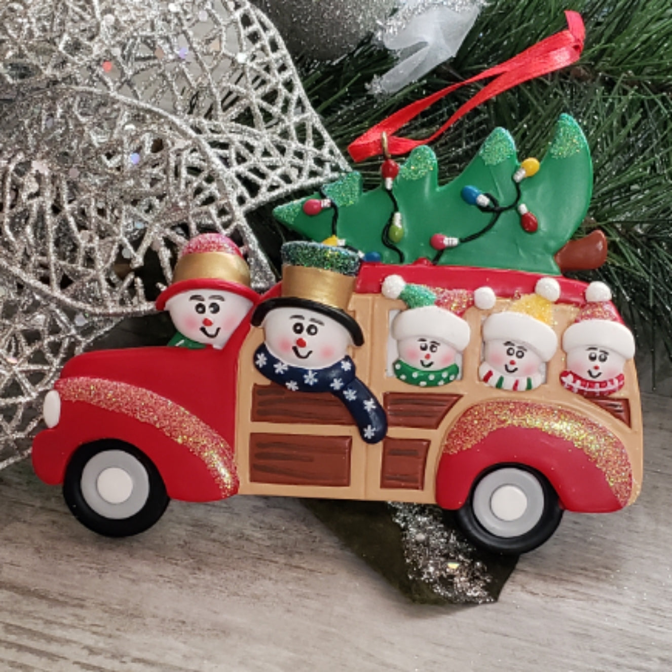 Red Station Wagon Family Ornament