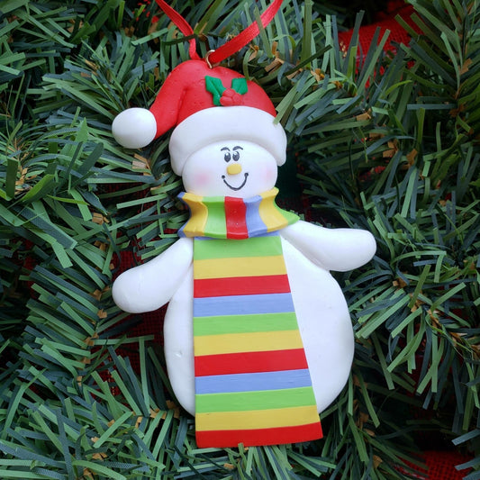 Snowman with Scarf and Santa Hat Ornament